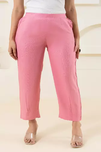 Pink solid viscose pant with pleated bottom