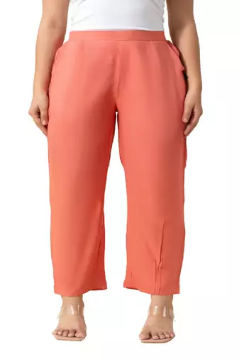 Peach solid viscose pant with pleated bottom
