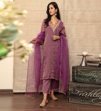 Embroidered purple metallic chanderi kurta set 1