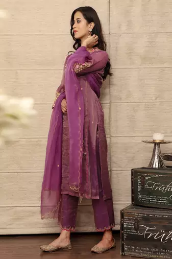 Embroidered purple metallic chanderi kurta set