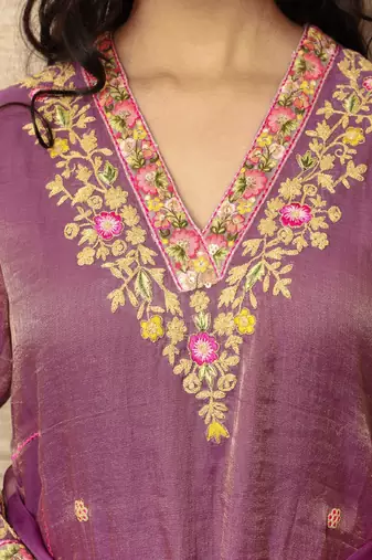 Embroidered purple metallic chanderi kurta set