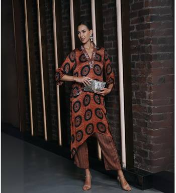 Maroon ajrakh modal silk kurta set with embroidery and striped pants 2