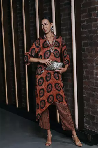 Maroon ajrakh modal silk kurta set with embroidery and striped pants