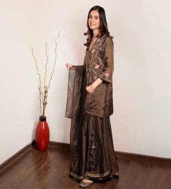 Black hand embroidered v-neck tissue sharara set 1