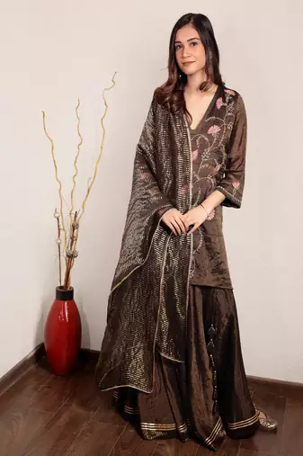 Black hand embroidered v-neck tissue sharara set
