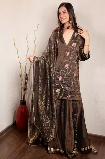 Black hand embroidered v-neck tissue sharara set