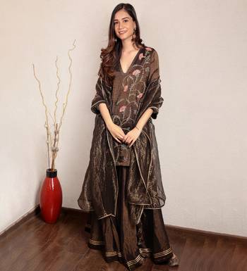 Black hand embroidered v-neck tissue sharara set 4