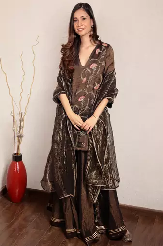 Black hand embroidered v-neck tissue sharara set