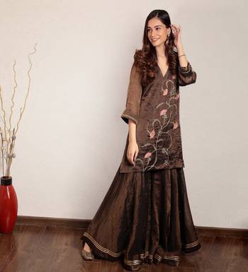 Black hand embroidered v-neck tissue sharara set 5