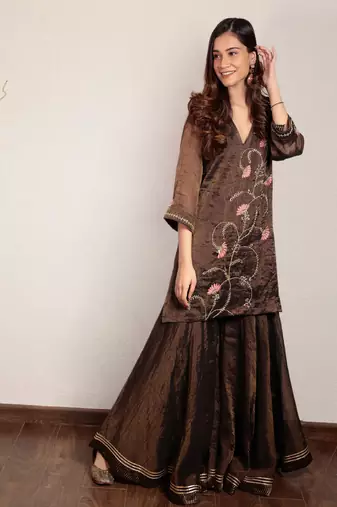 Black hand embroidered v-neck tissue sharara set