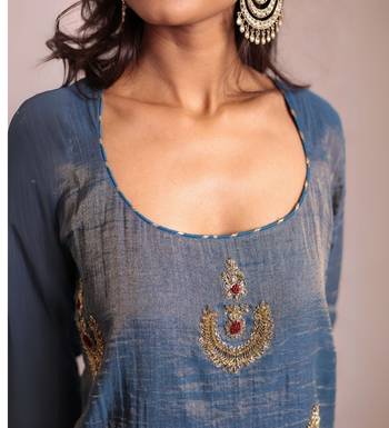 Indigo blue hand embroidered tissue sharara set 2