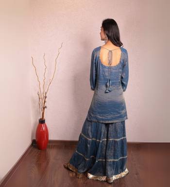 Indigo blue hand embroidered tissue sharara set 1