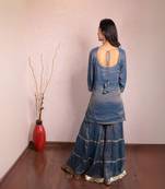 Indigo blue hand embroidered tissue sharara set