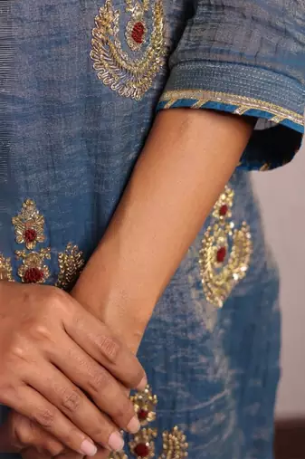Indigo blue hand embroidered tissue sharara set