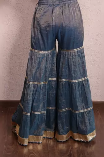 Indigo blue hand embroidered tissue sharara set