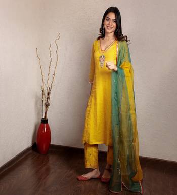 Yellow tissue chanderi hand embroidered v-neck  kurta set with dupatta 1