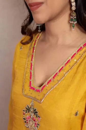Yellow tissue chanderi hand embroidered v-neck  kurta set with dupatta