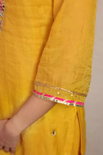 Yellow tissue chanderi hand embroidered v-neck  kurta set with dupatta
