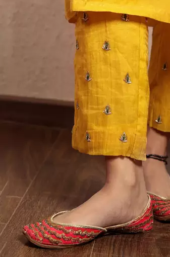 Yellow tissue chanderi hand embroidered v-neck  kurta set with dupatta