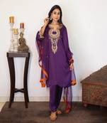Purple modal silk embroidered kurta set with organza dupatta