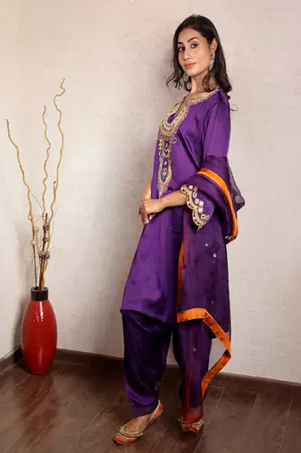 Purple modal silk embroidered kurta set with organza dupatta