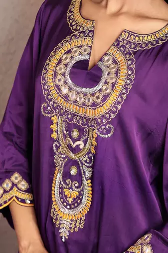 Purple modal silk embroidered kurta set with organza dupatta