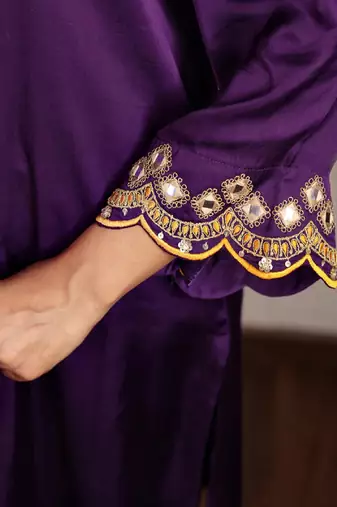 Purple modal silk embroidered kurta set with organza dupatta
