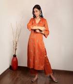 Orange tissue chanderi hand embroidered kurta set with dupatta