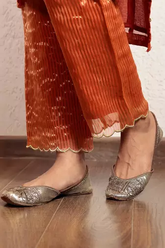 Orange tissue chanderi hand embroidered kurta set with dupatta