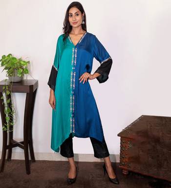 modal silk asymmetric kurta set with dori work embroidery 1