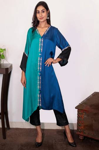 modal silk asymmetric kurta set with dori work embroidery