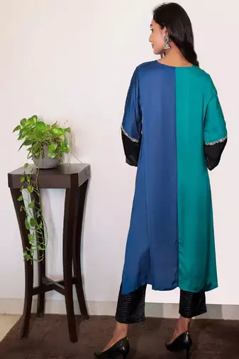 modal silk asymmetric kurta set with dori work embroidery