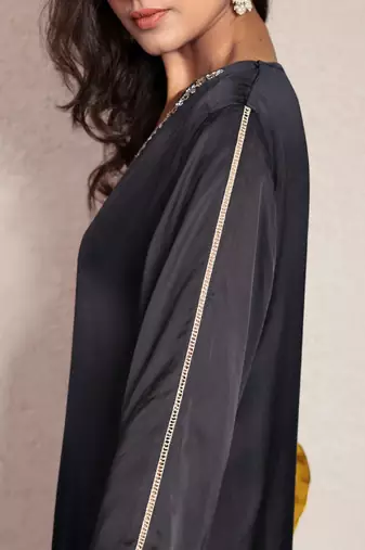 modal silk asymmetric kurta set with hand embroidery