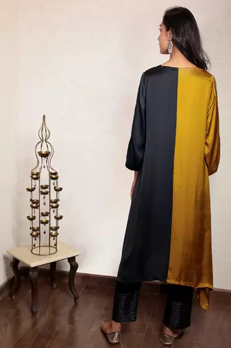 modal silk asymmetric kurta set with hand embroidery