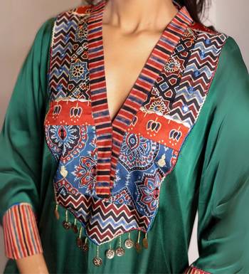 Green asymmetric modal silk kurta set with ajrakh yoke detailing 2
