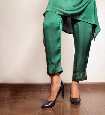 Green asymmetric modal silk kurta set with ajrakh yoke detailing 3