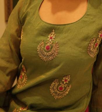 Green hand embroidered tissue sharara set with dupatta 3