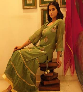 Green hand embroidered tissue sharara set with dupatta 1
