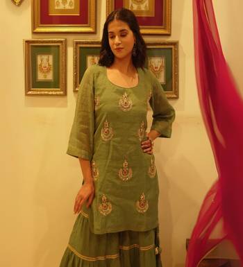 Green hand embroidered tissue sharara set with dupatta 4