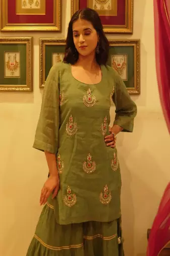 Green hand embroidered tissue sharara set with dupatta