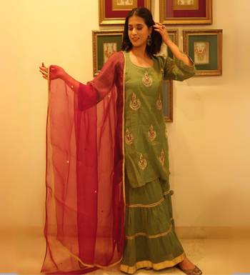 Green hand embroidered tissue sharara set with dupatta 5