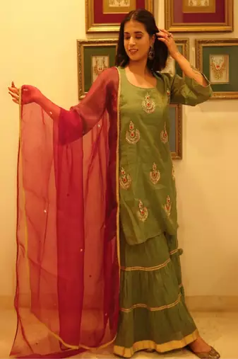 Green hand embroidered tissue sharara set with dupatta