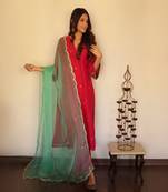 Red chanderi hand embroidered kurta set with organza dupatta