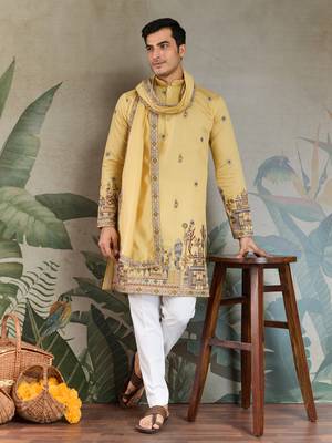 Yellow viscose silk threads & sequance embroidered work kurta with dupatta 1