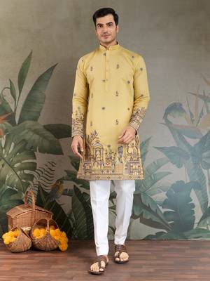 Yellow viscose silk threads & sequance embroidered work kurta with dupatta 2