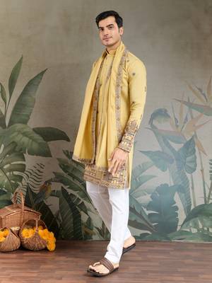 Yellow viscose silk threads & sequance embroidered work kurta with dupatta 4
