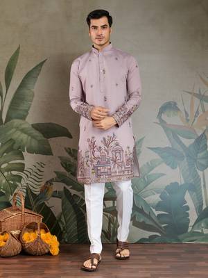 Dusty pink viscose silk threads & sequance embroidered work kurta with dupatta 2
