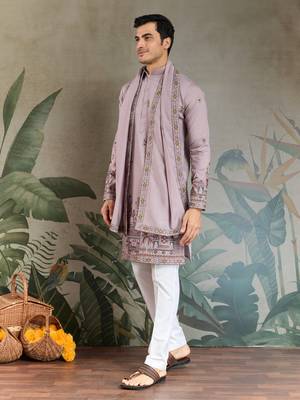 Dusty pink viscose silk threads & sequance embroidered work kurta with dupatta 4