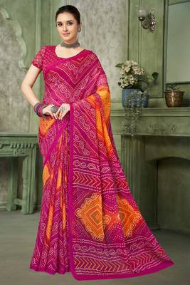 Pink bandhani printed borderless saree with unstitch blouse 1