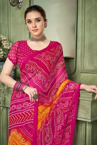 Pink bandhani printed borderless saree with unstitch blouse